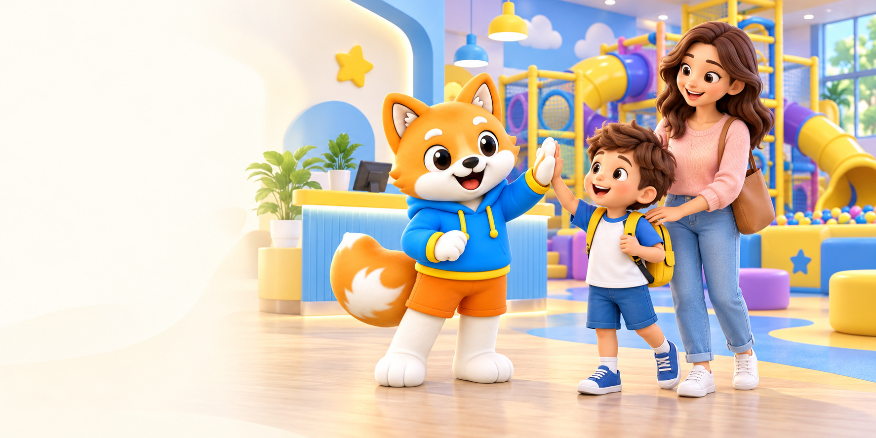 Nova the Fox welcomes a child with a high-five while their smiling parent stands beside them at playground check-in