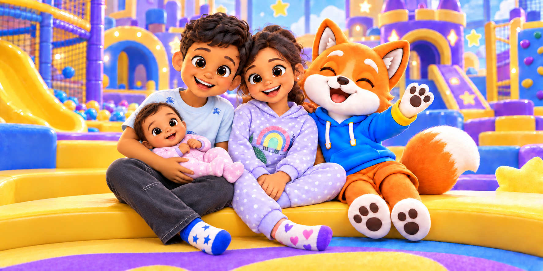 A boy cradles his baby sister beside his best friend and Nova the Fox