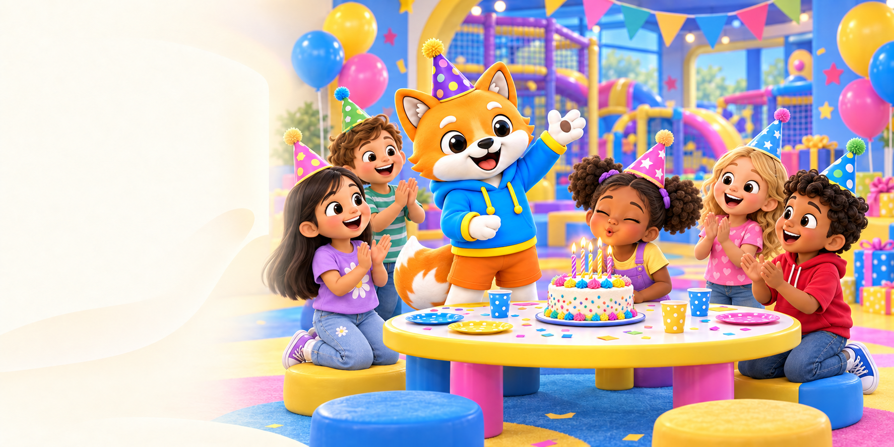 Nova the Fox celebrates with five children around a birthday cake in a colorful party room