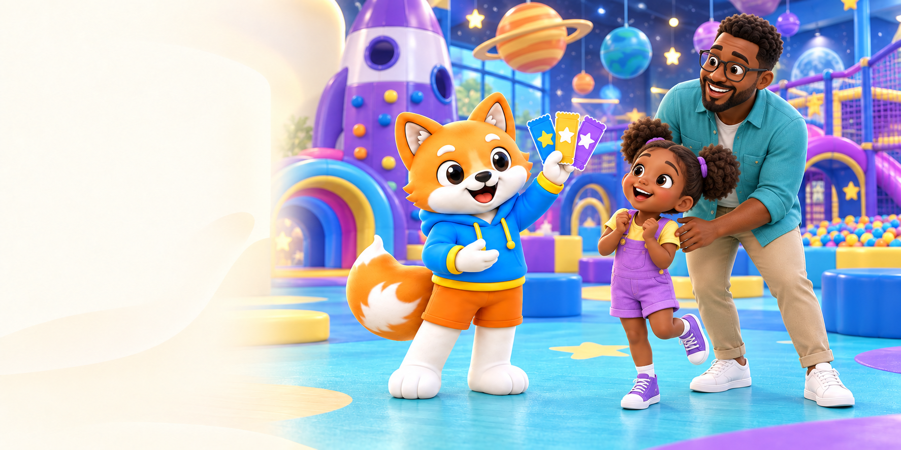 Nova the Fox presents play tickets to a happy daughter and father in a space-themed playground